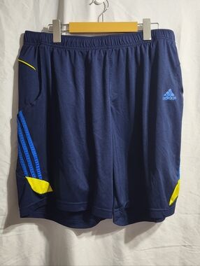 adidas Men’s Navy Athletic Shorts with Yellow & Light Blue Accents, Size XL